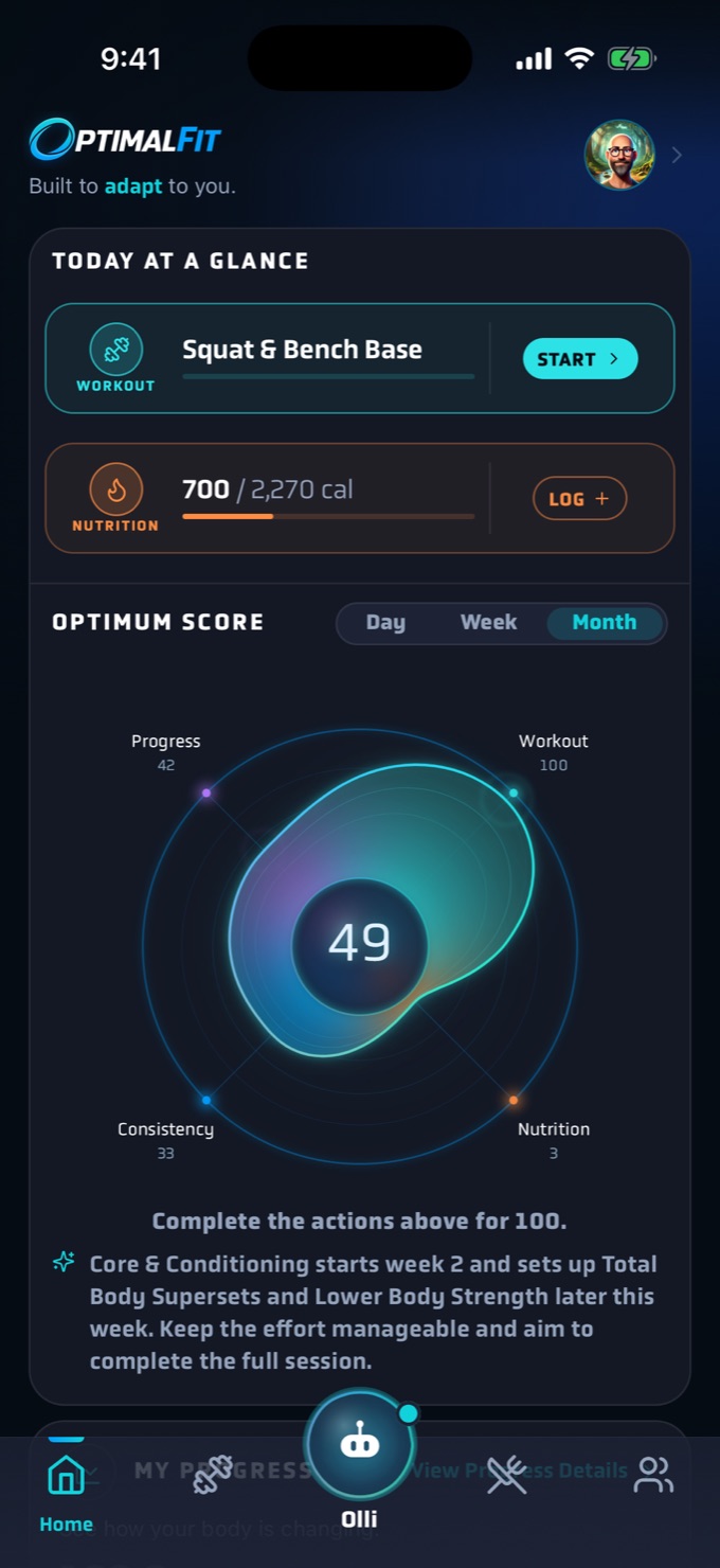 The OptimalFit home screen, showing Today at a Glance and the Optimum score
