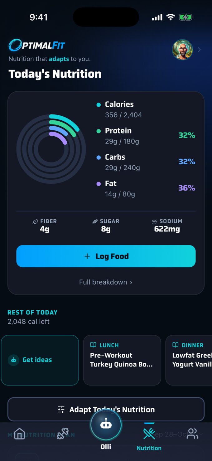 The Today's Nutrition screen in OptimalFit, with macro rings and meal ideas